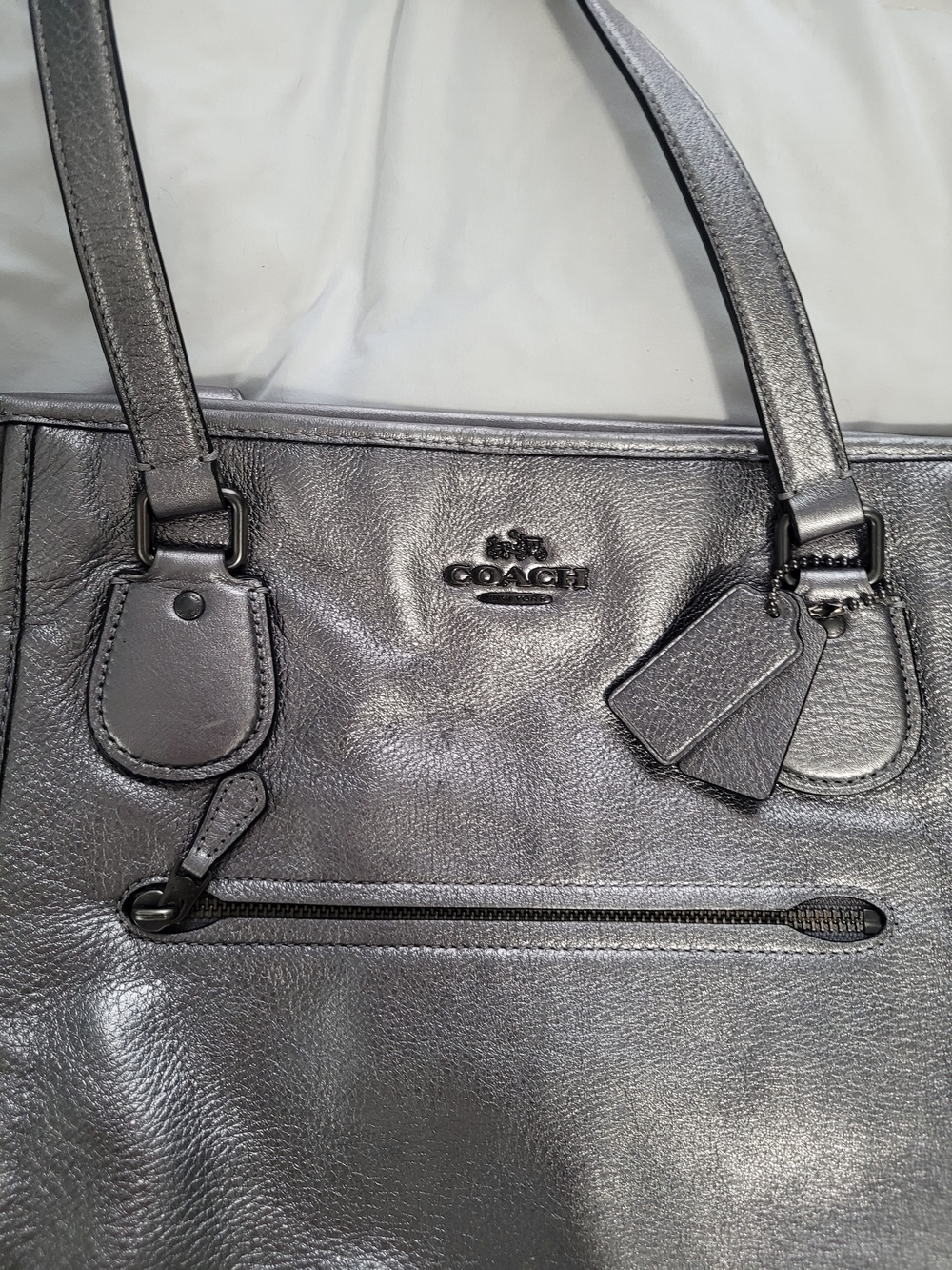 COACH Gunmetal Metallic Leather Tote Bag